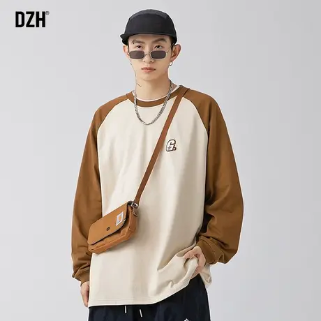 男士日系圆领t恤男长袖纯棉宽松男装2023新款上衣秋季拼接卫衣潮商品大图