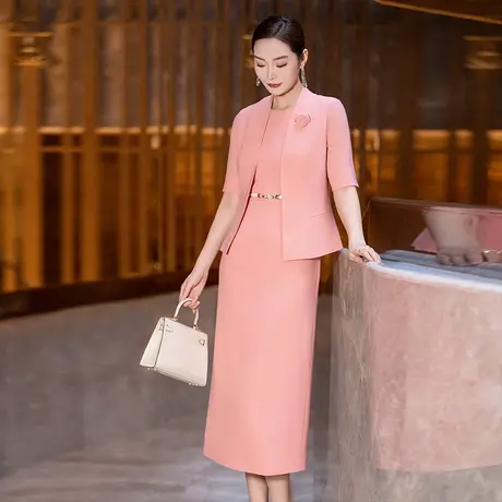 粉色职业套装裙女2025夏季新款时尚通勤雪纺连衣裙两件套气质减龄图片