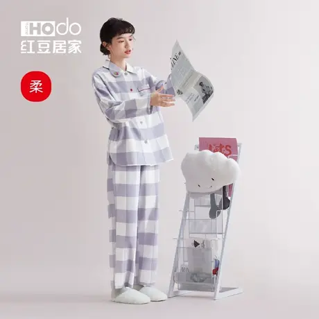 【柔柔棉】磨毛睡衣女春秋款纯棉长袖宽松格纹柔软家居服套装图片