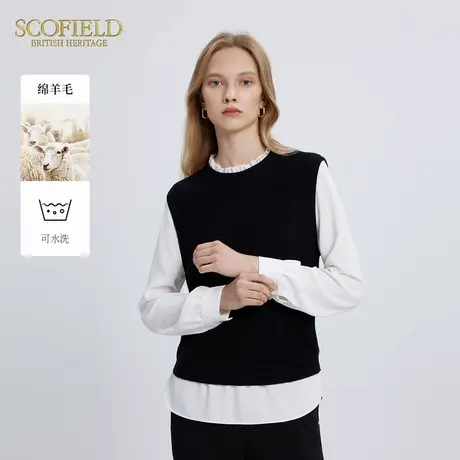 【可水洗】Scofield女装拼接撞色含羊毛针织衫毛衣2024秋季新款商品大图