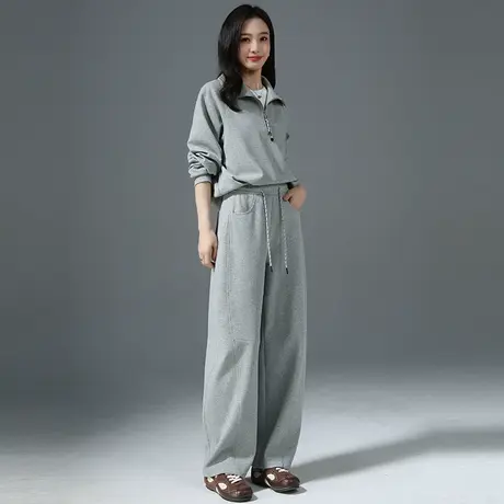 小个子松弛感休闲运动套装女2025新款春秋翻领卫衣灰色裤子阔腿裤图片