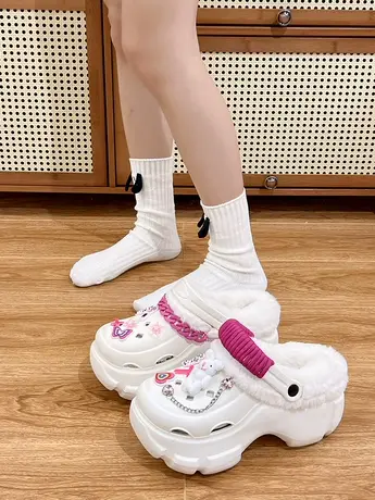 加绒毛毛拖鞋女款秋冬季外穿舒适增高厚底女士保暖小熊洞洞鞋棉拖商品大图