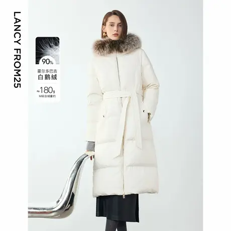 朗姿霍尔多巴吉白鹅绒长款外套女士2024年冬季新款狐狸毛领羽绒服商品大图