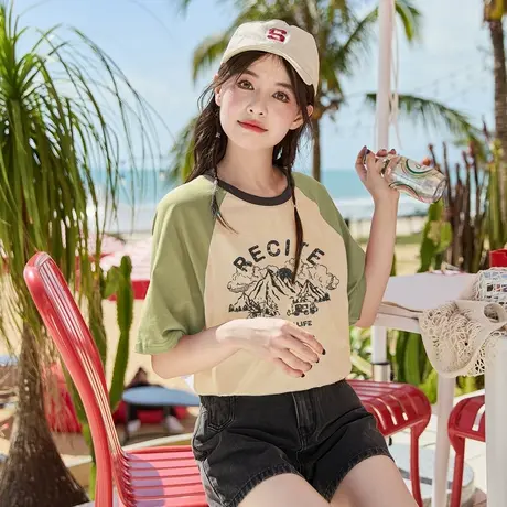 唐狮插肩袖纯棉T恤短袖女夏季衣服新款上衣女宽松撞色体恤商品大图