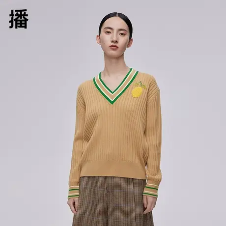 【播奥莱】播春新品商场同款活力撞色条纹清新花草编织图案毛衫商品大图