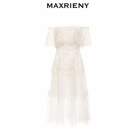 【奥莱】MAXRIENY蕾丝连衣裙夏季一字肩仙女裙洋气甜美白色中长裙图片