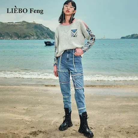 裂帛LIEBOFeng设计师品牌2023年解构风拼接毛边直筒显瘦牛仔长裤商品大图