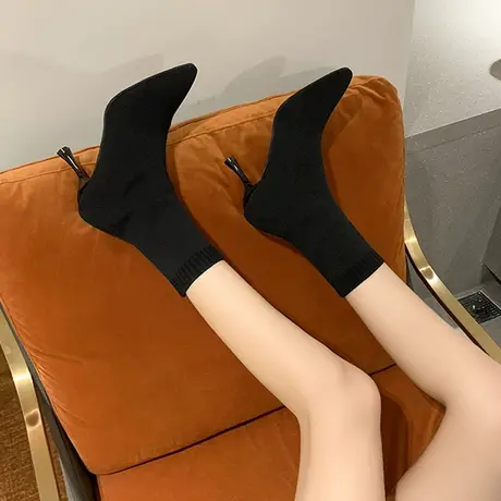 时装靴子女2023年新款尖头细跟高跟鞋春秋时尚袜靴透气显瘦短靴子图片