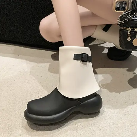 2023年新款女鞋英伦简约风拼色圆头厚底靴子小短靴圆头百搭时装靴商品大图