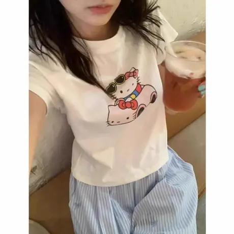 韩系减龄凯蒂猫印花白色正肩短袖女t恤夏季小个子独特漂亮上衣ins商品大图