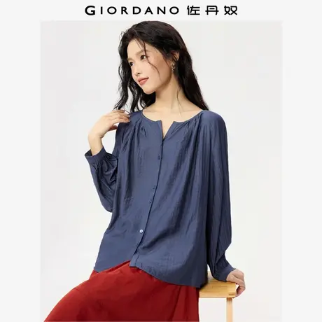 佐丹奴衬衫女装压褶小V领插肩宽松梭织长袖衬衫 05345883商品大图