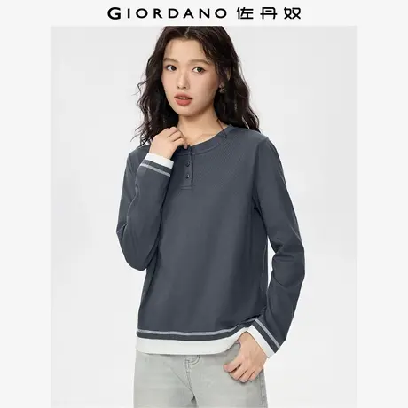 佐丹奴亨利衫女秋冬新款纯棉假两件撞色亨利领长袖T恤女13325781商品大图