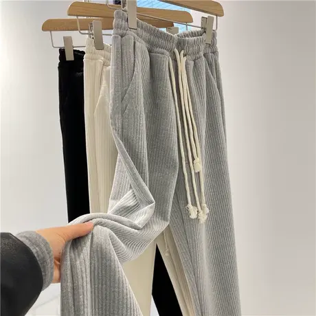 高腰抽绳纹理感休闲运动卫裤女秋季韩版宽松加厚阔腿运动束脚裤潮商品大图