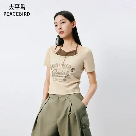 太平鸟美式假两件T恤女短袖夏新款修身短款辣妹时尚小上衣潮商品大图