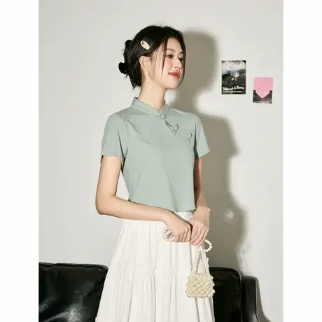 唐狮新中式短袖T恤女2024夏季新款女立领正肩修身独特别致上衣sz商品大图