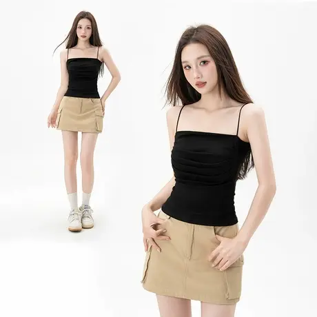 黑色带胸垫小吊带背心女2025新款夏季内搭设计感褶皱修身百搭上衣商品大图