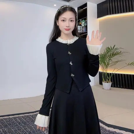 法式甜美小香风长袖女秋季新款简约修身打底衫黑色显瘦针织上衣商品大图