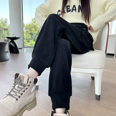 黑色束脚灯芯绒工装裤女秋冬新款宽松显瘦高腰休闲雪尼尔哈伦裤子商品大图