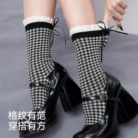 森马袜子女款2025秋冬女士中筒袜可爱格纹蝴蝶结花边袜外穿搭配潮商品大图