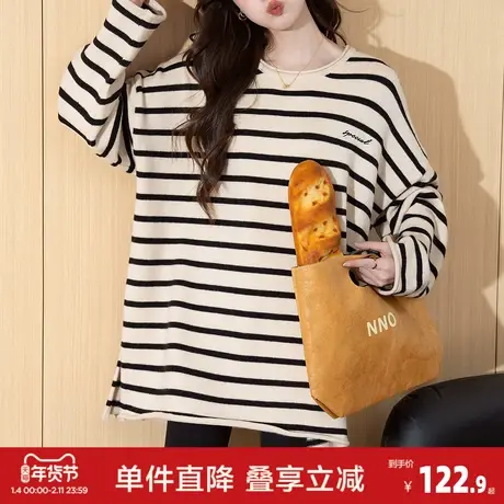 唐狮2026秋冬季毛衣女超好看经典条纹圆领中长款套头慵懒风高级感图片