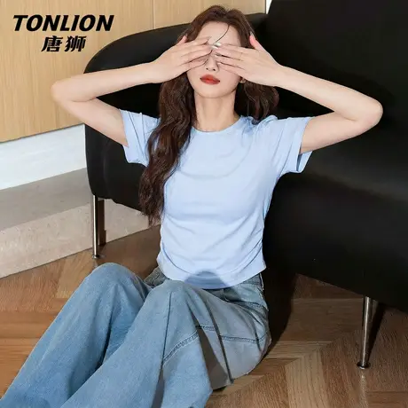 唐狮官方蓝色正肩短袖女t恤夏2026新款女士收腰抽褶短款上衣女VB图片