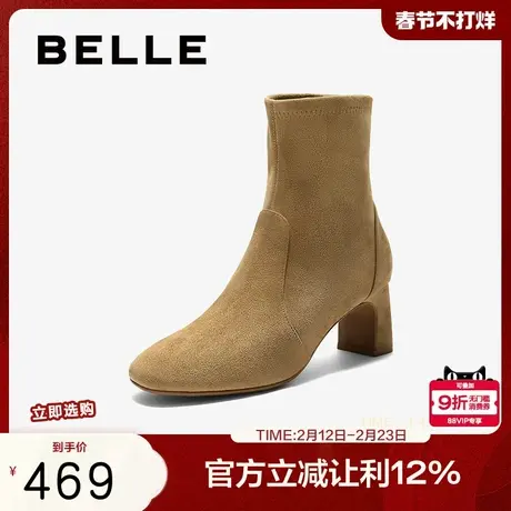 百丽复古弹力显瘦高跟短靴子女冬季新款粗高跟优雅时装靴E5P1DDZ5商品大图