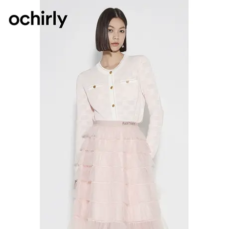 【品牌甄选】欧时力 棋盘格针织外套23新款春装开衫提花温柔别致商品大图