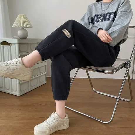 黑色束脚运动裤女2023年冬季新款高腰显瘦宽松加绒小个子休闲卫裤图片