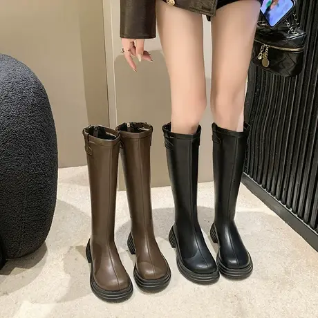 永希长筒靴女2023春秋季新款复古英伦风洋气瘦瘦靴粗跟厚底骑士靴商品大图