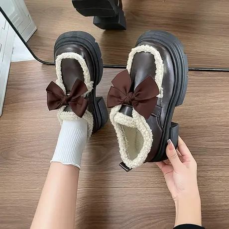 厚底小皮鞋女2023秋冬新款百搭松糕乐福鞋英伦风加绒保暖毛毛棉鞋商品大图