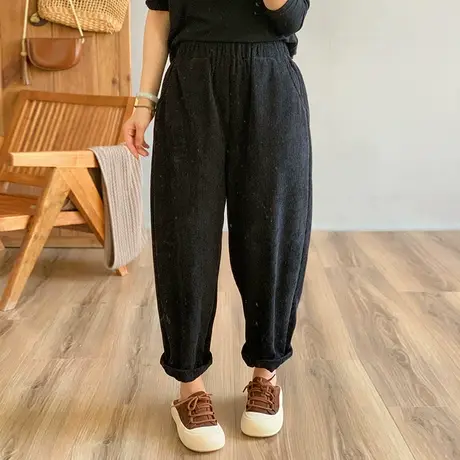 dza 高腰显瘦纯色全棉灯芯绒加绒裤子女冬宽松阔腿长裤直筒哈伦裤商品大图
