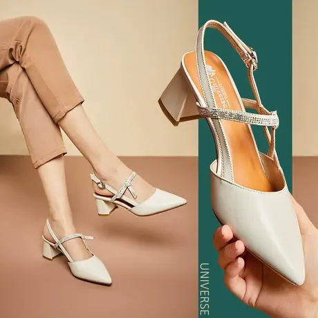 清仓夏季包头凉鞋女真皮简约百搭女鞋子夏天时尚高跟鞋女粗跟图片