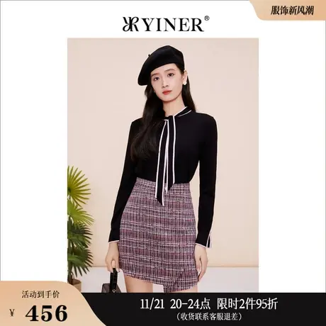 YINER音儿线上专选女装2023春季飘带领软糯撞色设计感针织衫商品大图