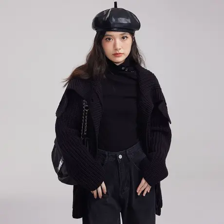 小个子宽松中长款慵懒翻领黑色加厚开衫毛衣外套女秋冬2023新款图片