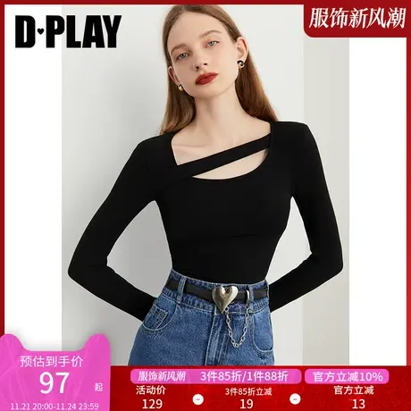 DPLAY2025年春季新款气质黑色不对称斜肩带打底衫T恤女上衣商品大图