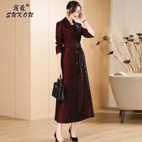 高贵酒红色条纹风衣女2024年春秋新款高级感长款外套过膝休闲大衣商品大图