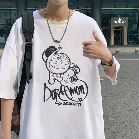 港风卡通印花夏季短袖T恤男宽松百搭ins潮流学生纯棉五分袖体恤薄商品大图
