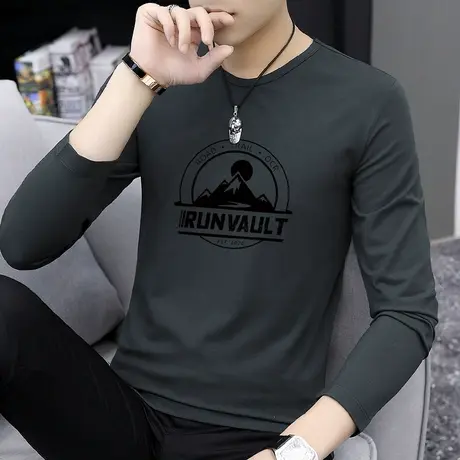 莫代尔长袖t恤男秋季圆领内搭上衣服打底衫潮流字母印花秋衣体恤商品大图