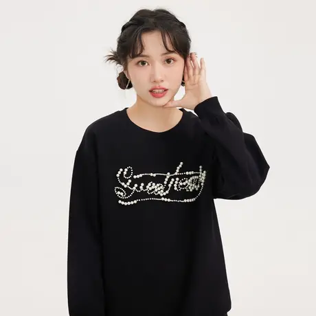 黑色圆领高街复古套头无帽卫衣女春秋新款2022长袖上衣宽松薄款图片