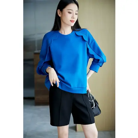 宝诗黎圆领宽松纯色落肩卫衣女2024春秋新款简约休闲短款棉质上衣图片