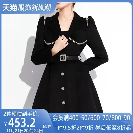 AUI黑色御姐气质毛呢外套女2023秋冬新款高级感修身长袖呢子大衣图片