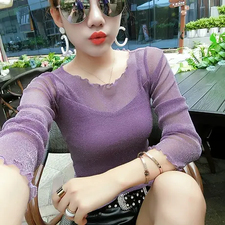 春秋2024新款潮时尚网纱气质上衣弹力纱衣修身百搭打底T恤女长袖商品大图