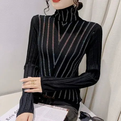 欧货加厚毛衣女2024秋冬新款内搭高领打底衫时尚气质烫钻针织上衣商品大图