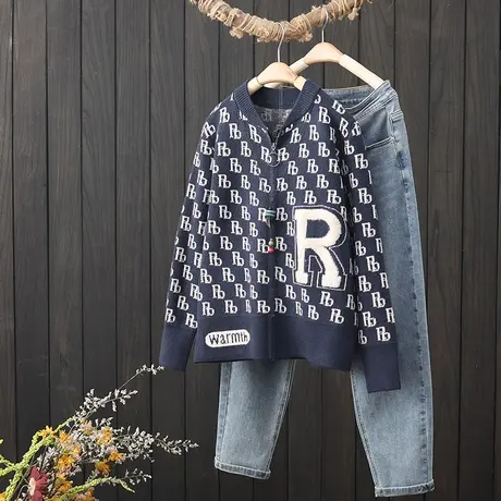 秋冬新品提花短款立领开衫毛衣女宽松长袖拉链外套设计感针织上衣图片