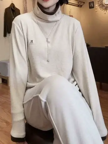 双面德绒高领卫衣女秋冬新款时尚百搭刺绣保暖大码假两件打底衫潮商品大图