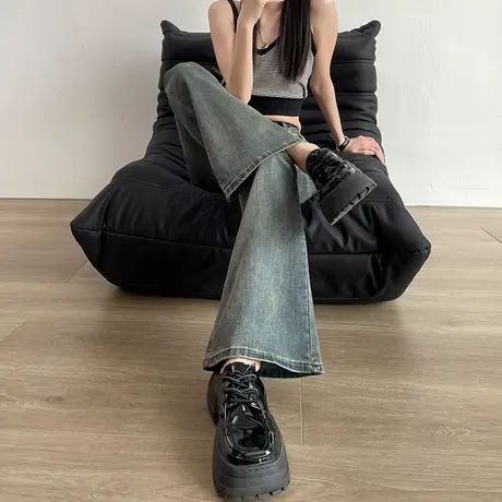 复古微喇牛仔裤女高腰显瘦小个子2023春秋季修身弹力马蹄喇叭长裤商品大图