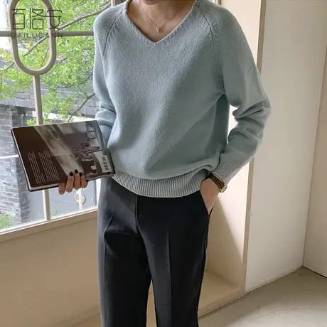 百洛安V领针织衫女简约纯色套头衫秋季新款宽松百搭长袖毛衣毛衫图片
