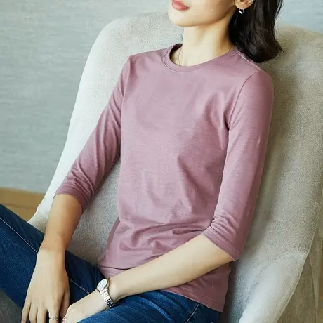 雀后春秋新款竹节棉中袖T恤女七分袖显瘦别致体恤大码ins圆领上衣商品大图