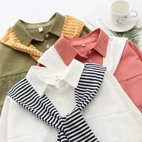 2020春季新款两件套拼接衬衫女韩版宽松长袖衬衣条纹披肩系带上衣图片