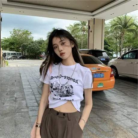 港味复古印花修身短款上衣女夏季大码胖妹妹洋气显瘦百搭短袖T恤商品大图